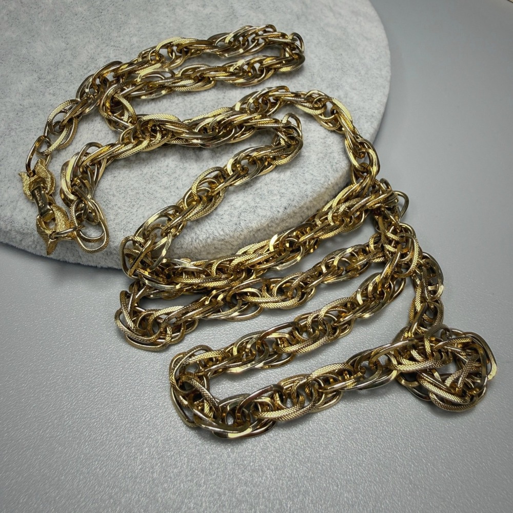 Vintage Kramer Gold Tone Textured Double Link Chain Necklace c. 1960s 34"